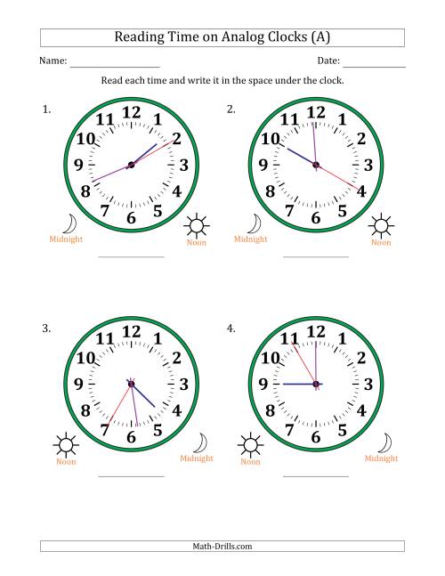 The Reading 12 Hour Time on Analog Clocks in 5 Second Intervals (4 Large Clocks) (All) Math Worksheet