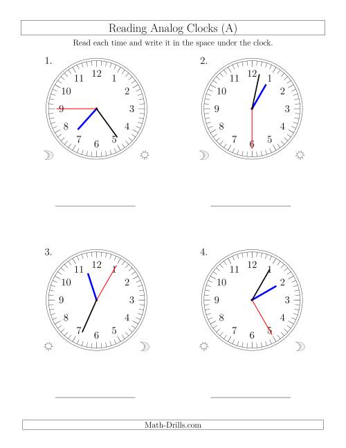 The Reading Time on 12 Hour Analog Clocks in 5 Second Intervals (Large Clocks) (Old) Math Worksheet