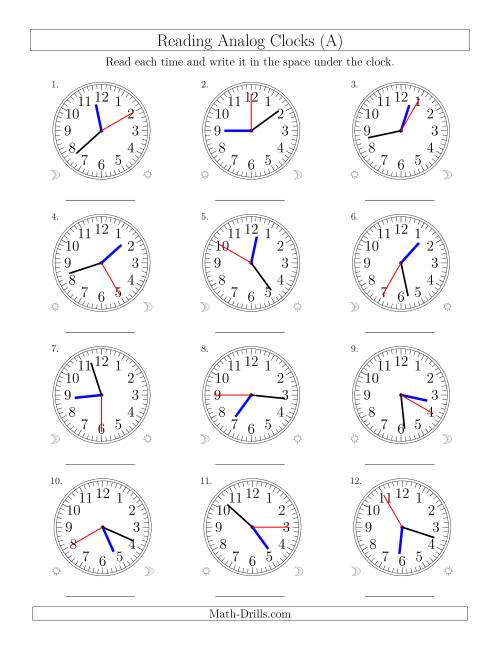 The Reading Time on 12 Hour Analog Clocks in 5 Second Intervals (Old) Math Worksheet