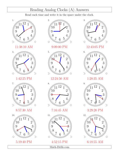 The Reading Time on 12 Hour Analog Clocks in 5 Second Intervals (Old) Math Worksheet Page 2
