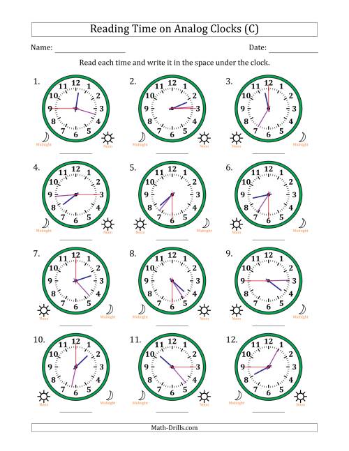The Reading 12 Hour Time on Analog Clocks in 15 Second Intervals (12 Clocks) (C) Math Worksheet