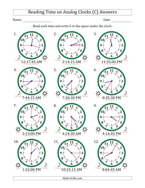 The Reading 12 Hour Time on Analog Clocks in 15 Second Intervals (12 Clocks) (C) Math Worksheet Page 2