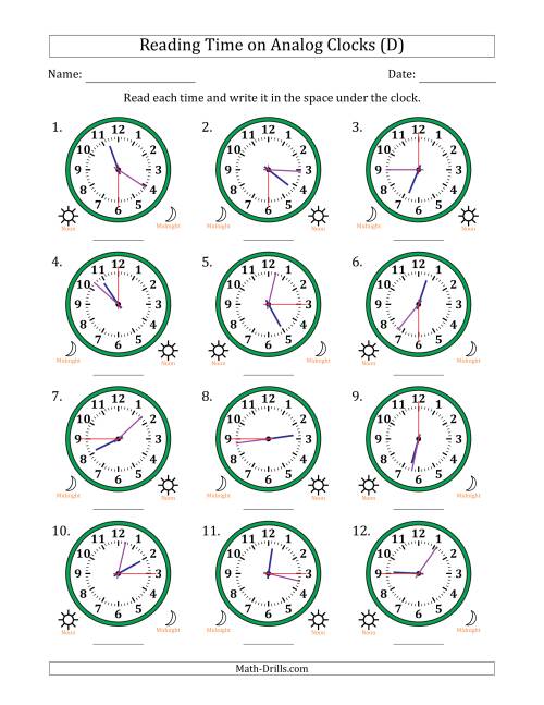 The Reading 12 Hour Time on Analog Clocks in 15 Second Intervals (12 Clocks) (D) Math Worksheet