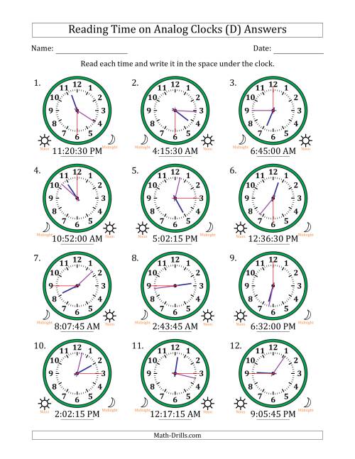 The Reading 12 Hour Time on Analog Clocks in 15 Second Intervals (12 Clocks) (D) Math Worksheet Page 2