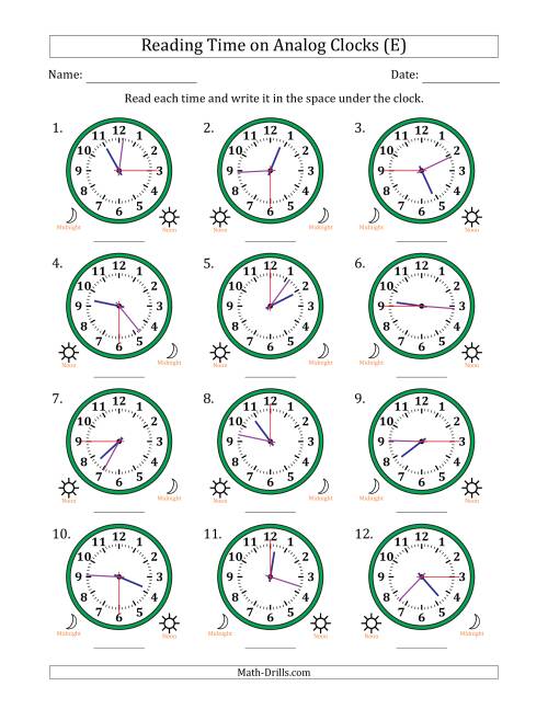The Reading 12 Hour Time on Analog Clocks in 15 Second Intervals (12 Clocks) (E) Math Worksheet
