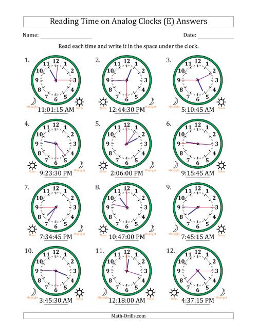 The Reading 12 Hour Time on Analog Clocks in 15 Second Intervals (12 Clocks) (E) Math Worksheet Page 2