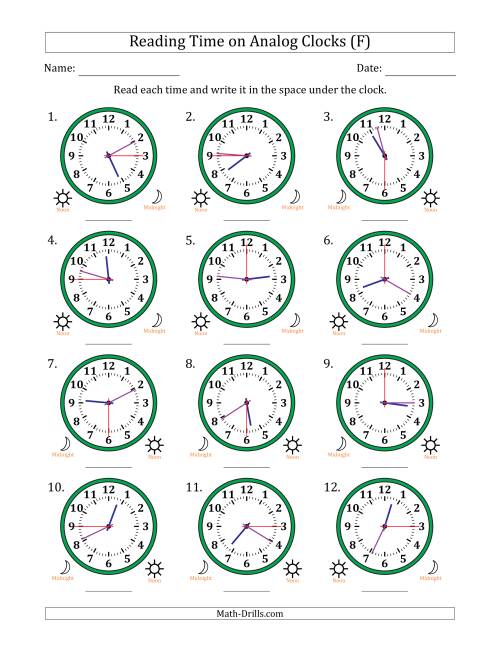 The Reading 12 Hour Time on Analog Clocks in 15 Second Intervals (12 Clocks) (F) Math Worksheet