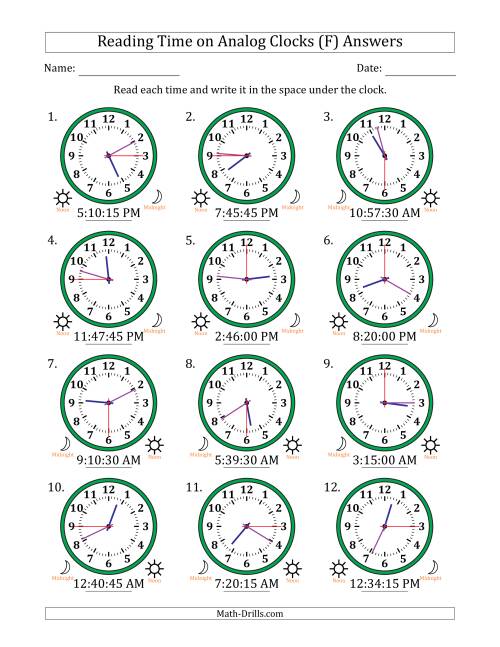 The Reading 12 Hour Time on Analog Clocks in 15 Second Intervals (12 Clocks) (F) Math Worksheet Page 2