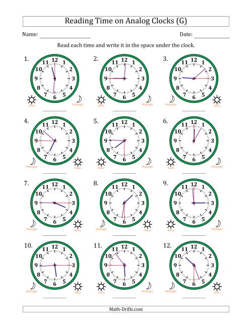 The Reading 12 Hour Time on Analog Clocks in 15 Second Intervals (12 Clocks) (G) Math Worksheet