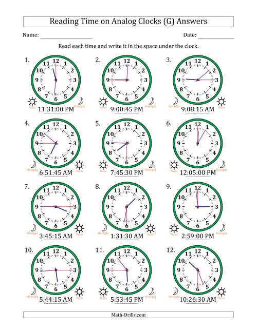 The Reading 12 Hour Time on Analog Clocks in 15 Second Intervals (12 Clocks) (G) Math Worksheet Page 2