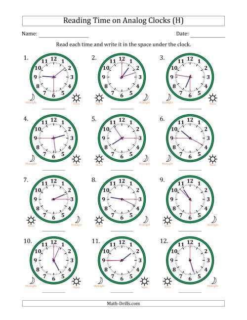 The Reading 12 Hour Time on Analog Clocks in 15 Second Intervals (12 Clocks) (H) Math Worksheet