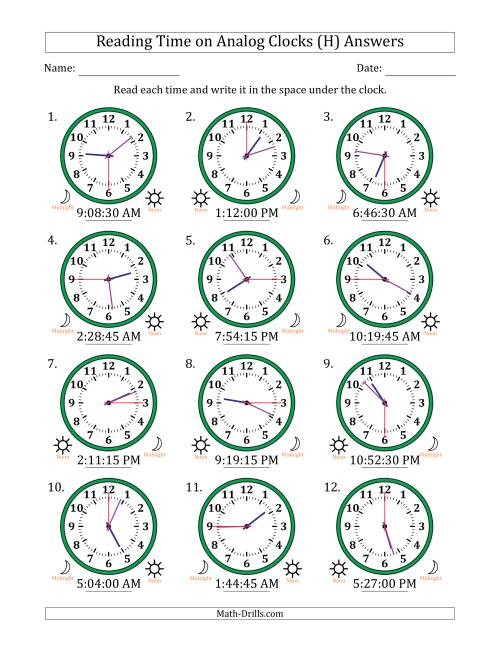 The Reading 12 Hour Time on Analog Clocks in 15 Second Intervals (12 Clocks) (H) Math Worksheet Page 2