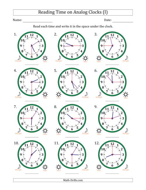 The Reading 12 Hour Time on Analog Clocks in 15 Second Intervals (12 Clocks) (I) Math Worksheet