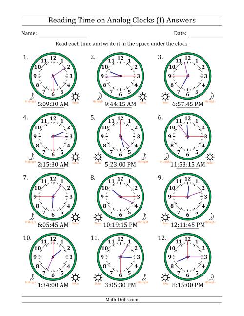 The Reading 12 Hour Time on Analog Clocks in 15 Second Intervals (12 Clocks) (I) Math Worksheet Page 2