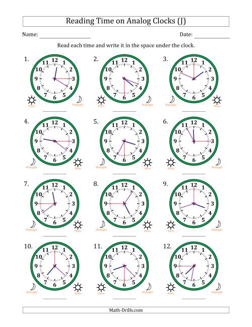 The Reading 12 Hour Time on Analog Clocks in 15 Second Intervals (12 Clocks) (J) Math Worksheet