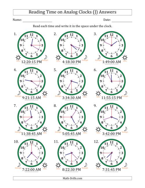 The Reading 12 Hour Time on Analog Clocks in 15 Second Intervals (12 Clocks) (J) Math Worksheet Page 2