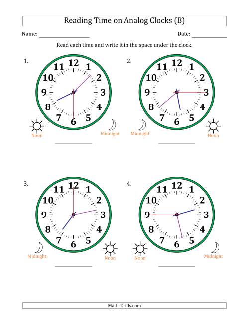 The Reading 12 Hour Time on Analog Clocks in 15 Second Intervals (4 Large Clocks) (B) Math Worksheet