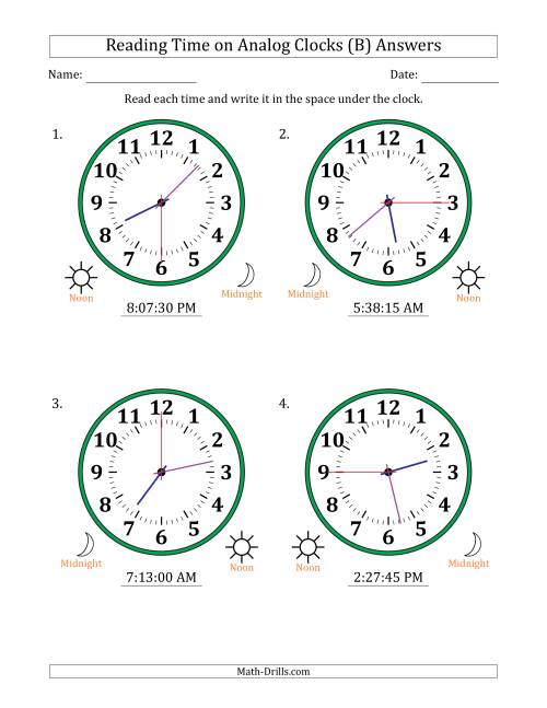 The Reading 12 Hour Time on Analog Clocks in 15 Second Intervals (4 Large Clocks) (B) Math Worksheet Page 2