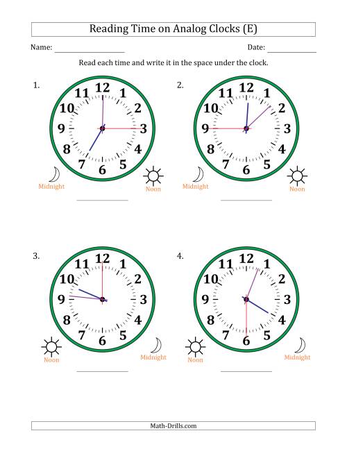 The Reading 12 Hour Time on Analog Clocks in 15 Second Intervals (4 Large Clocks) (E) Math Worksheet