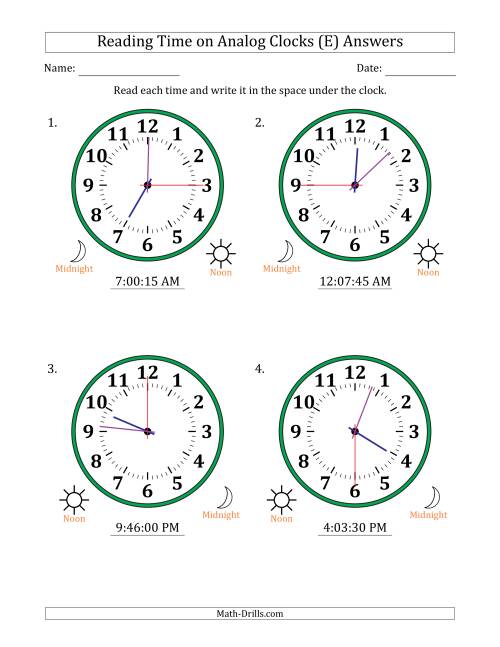 The Reading 12 Hour Time on Analog Clocks in 15 Second Intervals (4 Large Clocks) (E) Math Worksheet Page 2