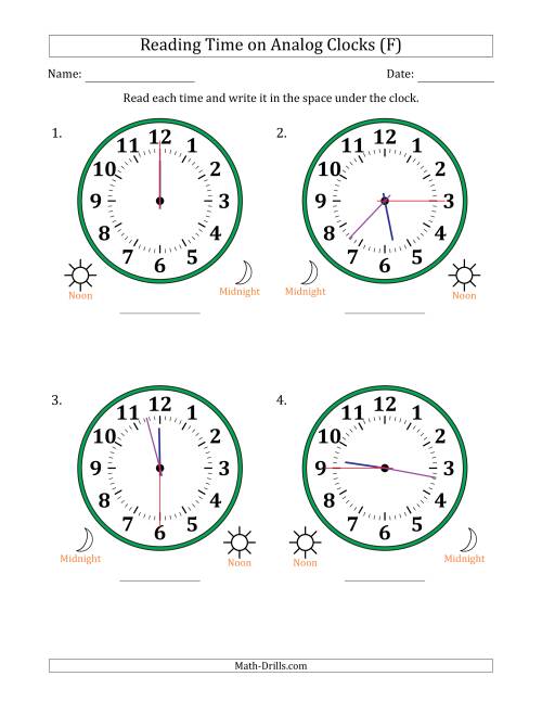 The Reading 12 Hour Time on Analog Clocks in 15 Second Intervals (4 Large Clocks) (F) Math Worksheet