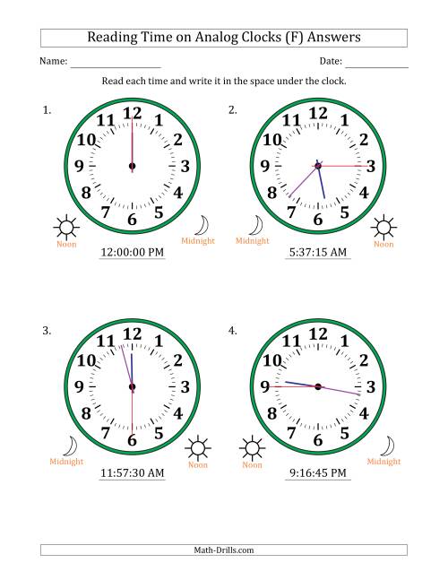 The Reading 12 Hour Time on Analog Clocks in 15 Second Intervals (4 Large Clocks) (F) Math Worksheet Page 2