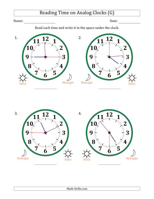 The Reading 12 Hour Time on Analog Clocks in 15 Second Intervals (4 Large Clocks) (G) Math Worksheet