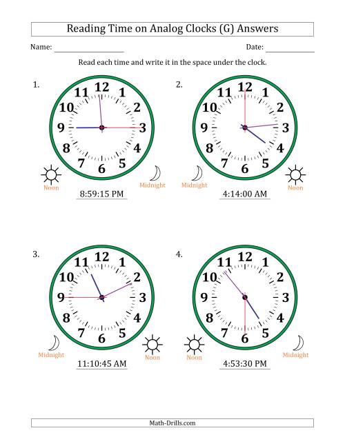 The Reading 12 Hour Time on Analog Clocks in 15 Second Intervals (4 Large Clocks) (G) Math Worksheet Page 2