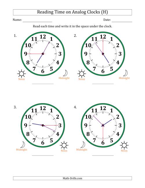 The Reading 12 Hour Time on Analog Clocks in 15 Second Intervals (4 Large Clocks) (H) Math Worksheet