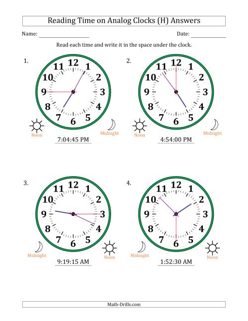 The Reading 12 Hour Time on Analog Clocks in 15 Second Intervals (4 Large Clocks) (H) Math Worksheet Page 2
