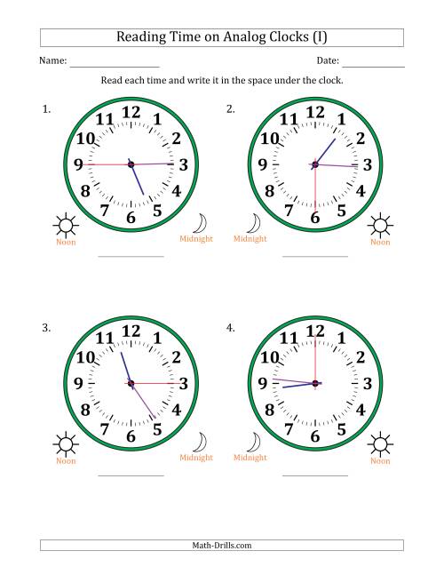 The Reading 12 Hour Time on Analog Clocks in 15 Second Intervals (4 Large Clocks) (I) Math Worksheet
