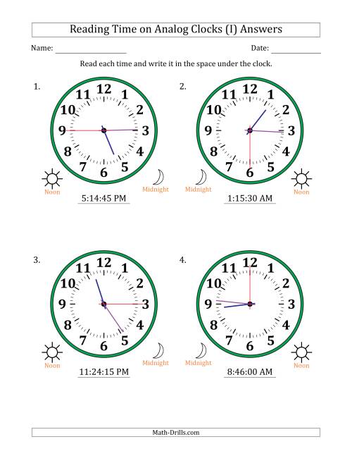 The Reading 12 Hour Time on Analog Clocks in 15 Second Intervals (4 Large Clocks) (I) Math Worksheet Page 2