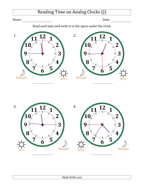 The Reading 12 Hour Time on Analog Clocks in 15 Second Intervals (4 Large Clocks) (J) Math Worksheet