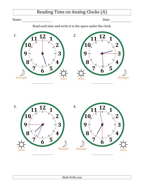 The Reading 12 Hour Time on Analog Clocks in 15 Second Intervals (4 Large Clocks) (All) Math Worksheet