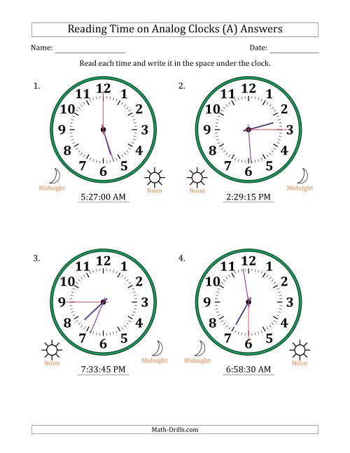 The Reading 12 Hour Time on Analog Clocks in 15 Second Intervals (4 Large Clocks) (All) Math Worksheet Page 2