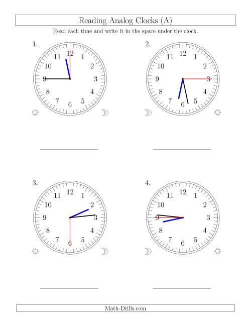 The Reading Time on 12 Hour Analog Clocks in 15 Second Intervals (Large Clocks) (Old) Math Worksheet