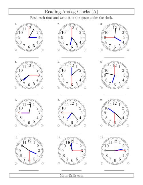 The Reading Time on 12 Hour Analog Clocks in 15 Second Intervals (Old) Math Worksheet