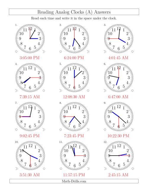 The Reading Time on 12 Hour Analog Clocks in 15 Second Intervals (Old) Math Worksheet Page 2