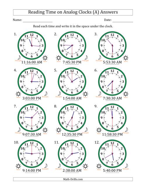 The Reading 12 Hour Time on Analog Clocks in 30 Second Intervals (12 Clocks) (A) Math Worksheet Page 2