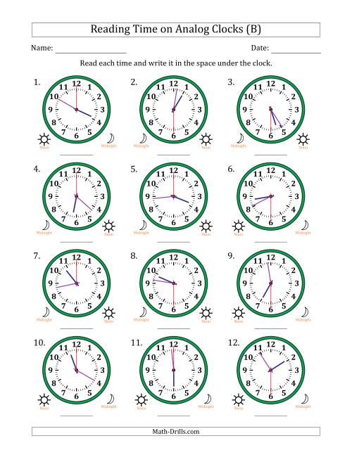 The Reading 12 Hour Time on Analog Clocks in 30 Second Intervals (12 Clocks) (B) Math Worksheet