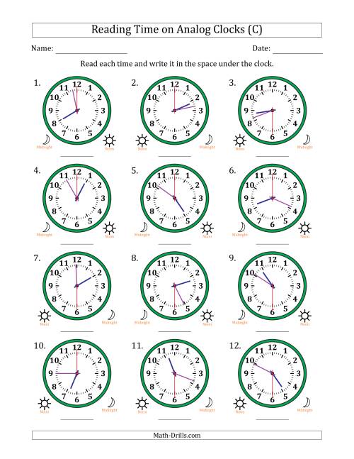 The Reading 12 Hour Time on Analog Clocks in 30 Second Intervals (12 Clocks) (C) Math Worksheet