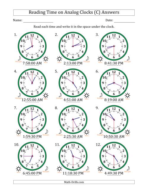 The Reading 12 Hour Time on Analog Clocks in 30 Second Intervals (12 Clocks) (C) Math Worksheet Page 2