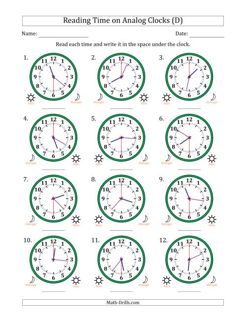 The Reading 12 Hour Time on Analog Clocks in 30 Second Intervals (12 Clocks) (D) Math Worksheet