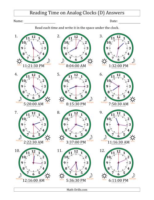 The Reading 12 Hour Time on Analog Clocks in 30 Second Intervals (12 Clocks) (D) Math Worksheet Page 2