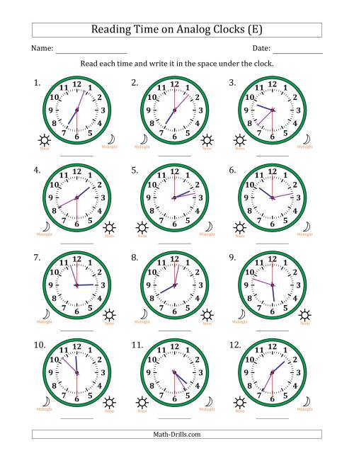 The Reading 12 Hour Time on Analog Clocks in 30 Second Intervals (12 Clocks) (E) Math Worksheet