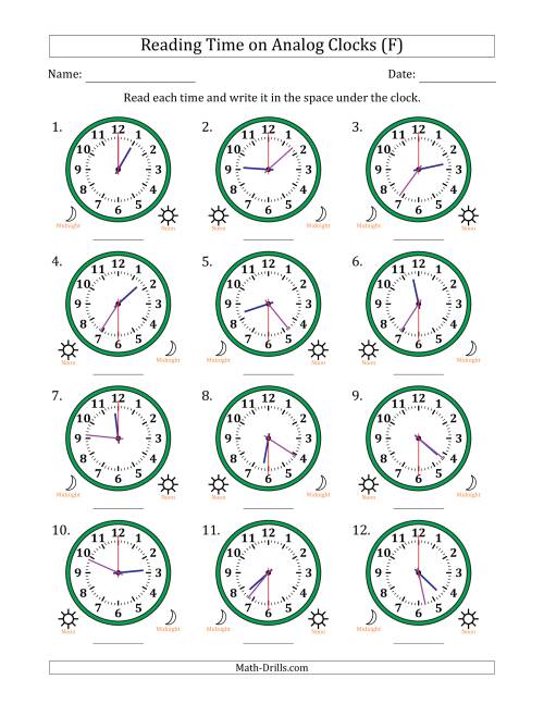 The Reading 12 Hour Time on Analog Clocks in 30 Second Intervals (12 Clocks) (F) Math Worksheet