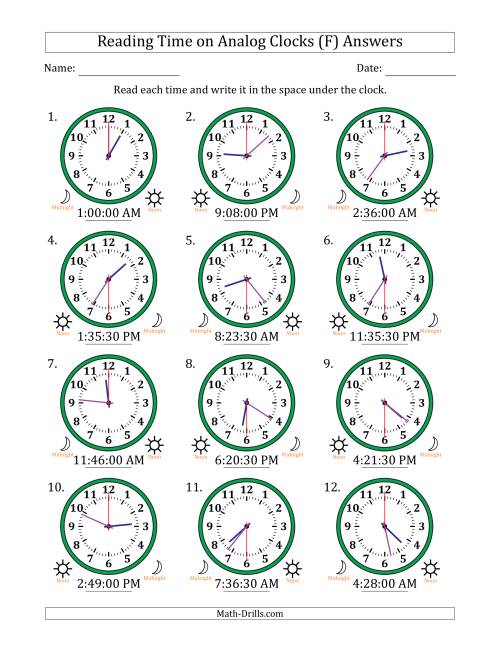 The Reading 12 Hour Time on Analog Clocks in 30 Second Intervals (12 Clocks) (F) Math Worksheet Page 2