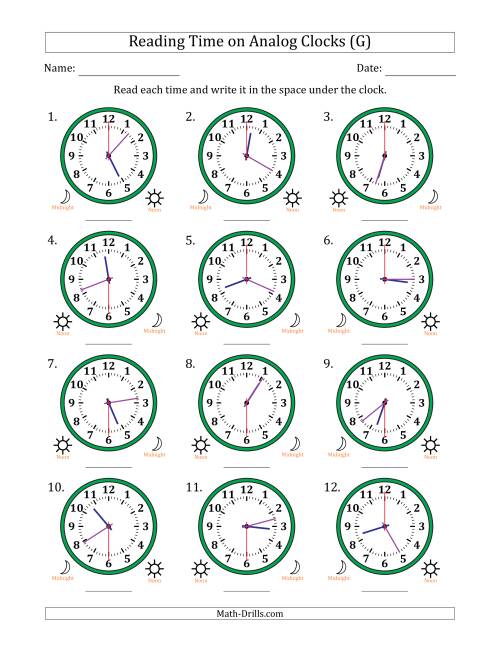 The Reading 12 Hour Time on Analog Clocks in 30 Second Intervals (12 Clocks) (G) Math Worksheet