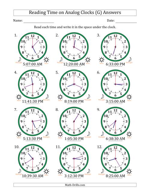 The Reading 12 Hour Time on Analog Clocks in 30 Second Intervals (12 Clocks) (G) Math Worksheet Page 2