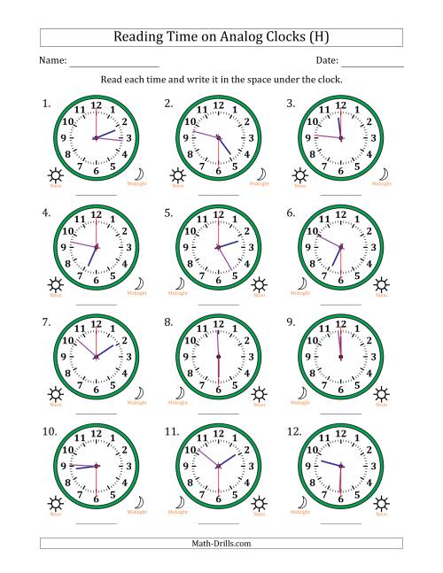 The Reading 12 Hour Time on Analog Clocks in 30 Second Intervals (12 Clocks) (H) Math Worksheet